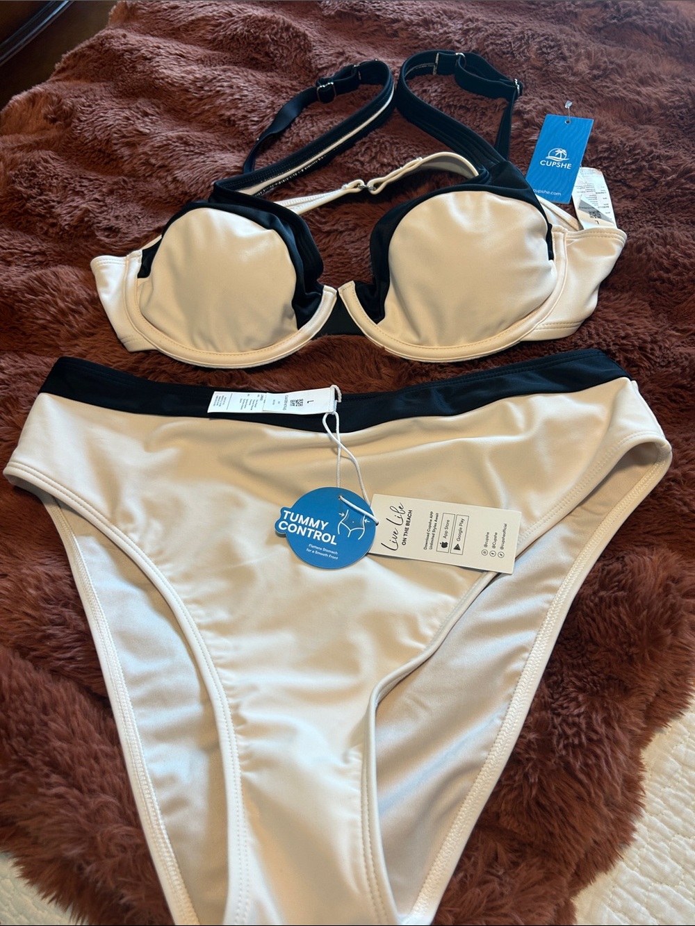 Cupshe Beige and Black Tummy Control Bikini Set